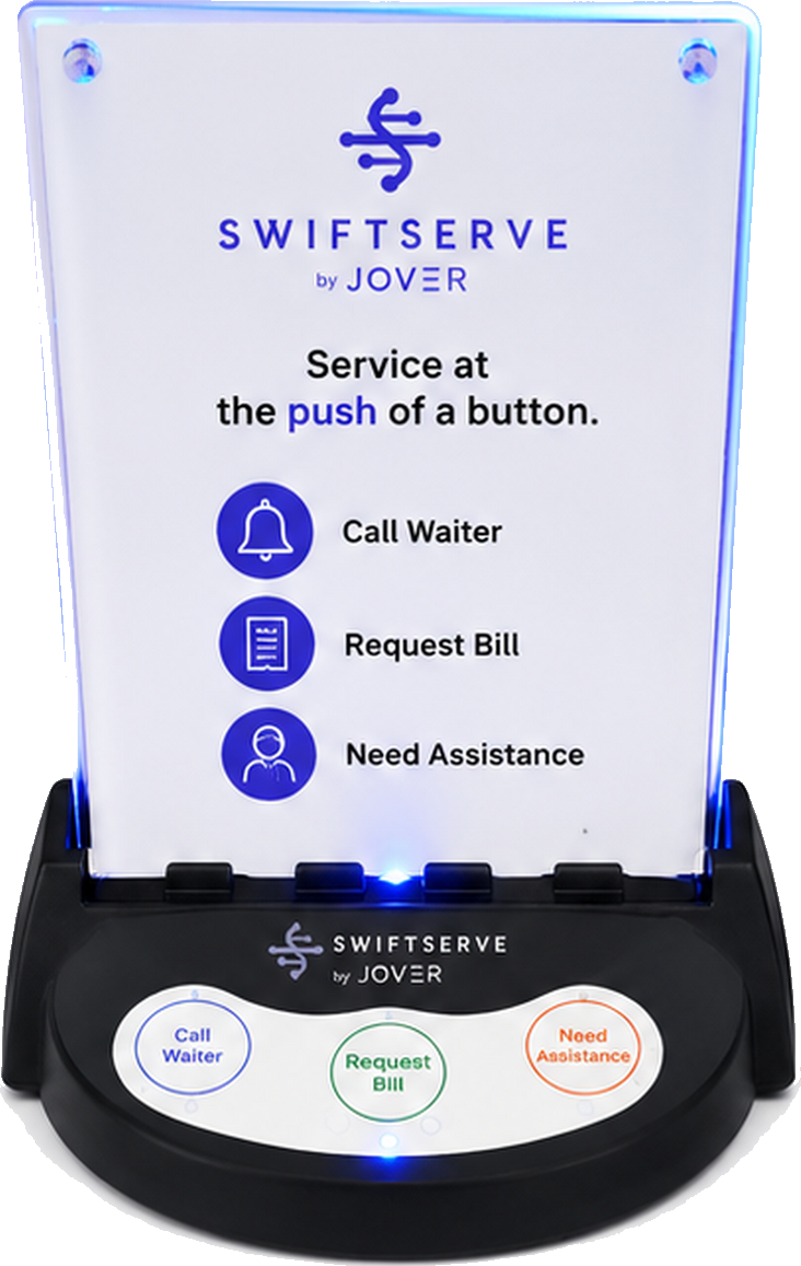 SwiftServe table device by JOVER with Call Waiter, Request Bill and Need Assistance buttons